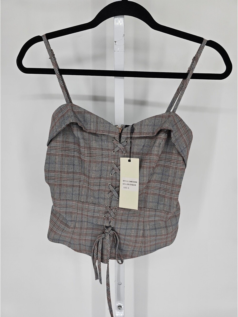 Dance & Marvel Womens Sz S Lace Up Corset Top Gray Plaid Academiacore NEW